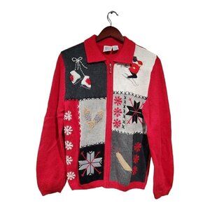 Field Gear Women's Red Full-Zip Sweater Winter Embroidered Holiday Ski Sz P/S